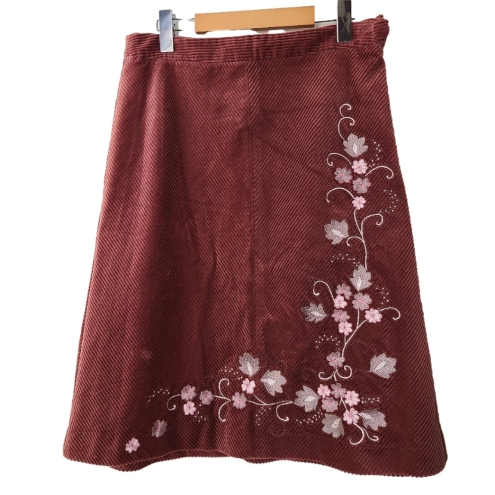 Mac & Jac Brown Corduroy A-Line Embroidered Western Midi Skirt Sz 8 Vintage Fall